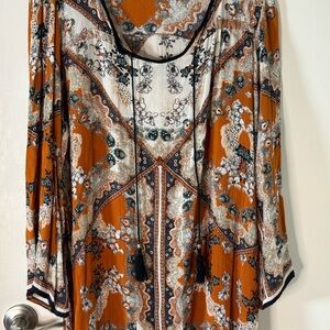 Angie Rust and Cream Floral Tie-Front Boho Tunic